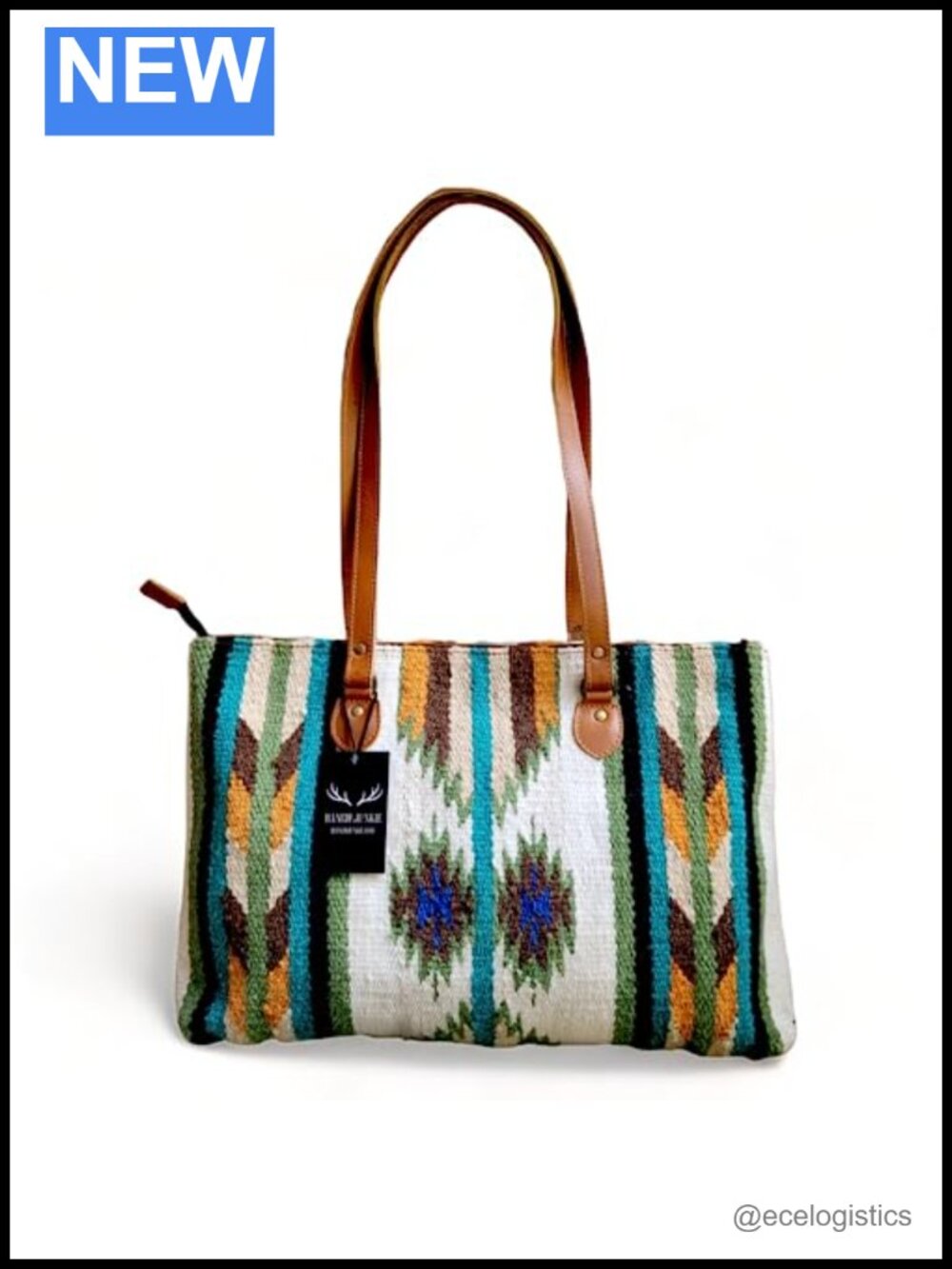 Handwoven Wool Southwestern Tote with Leather Handles